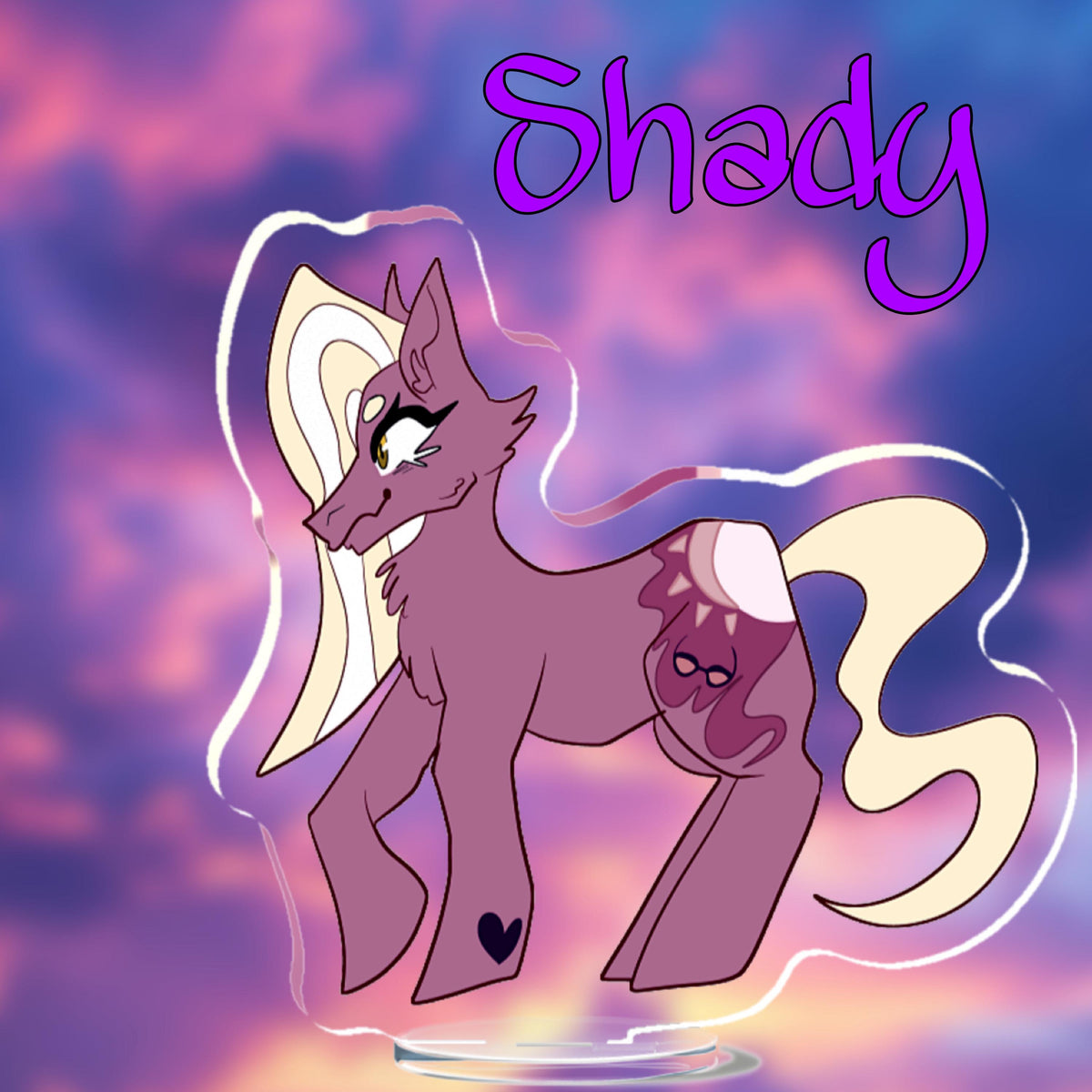 A Sweet Potato Purple earth pony with straight cut and whispy cream blond mane and tail. Her cutie mark is a cream and tan sun radiating on a pair of sunglasses