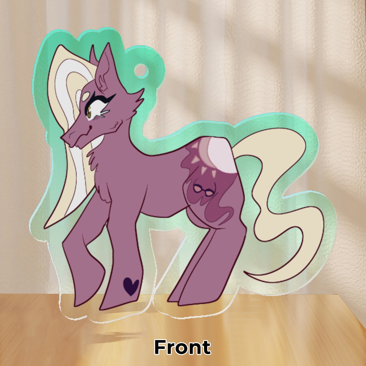 Shady, A Sweet Potato Purple earth pony with straight cut and whispy cream blond mane and tail. Her cutie mark is a cream and tan sun radiating on a pair of sunglasses